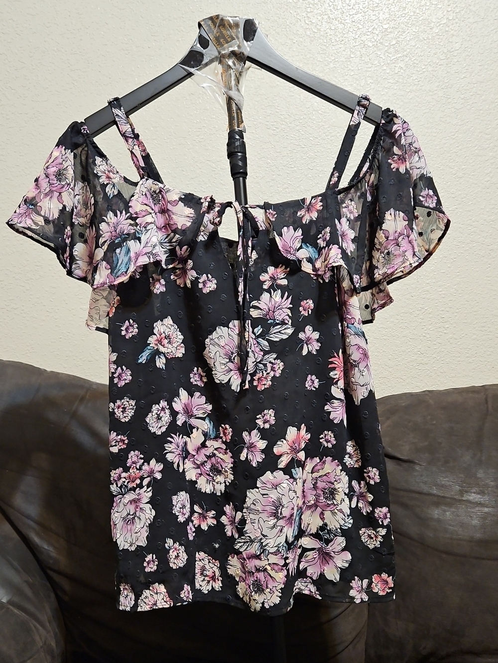 torrid Black Floral Off-Shoulder Camisole with Pink and Cream Blooms